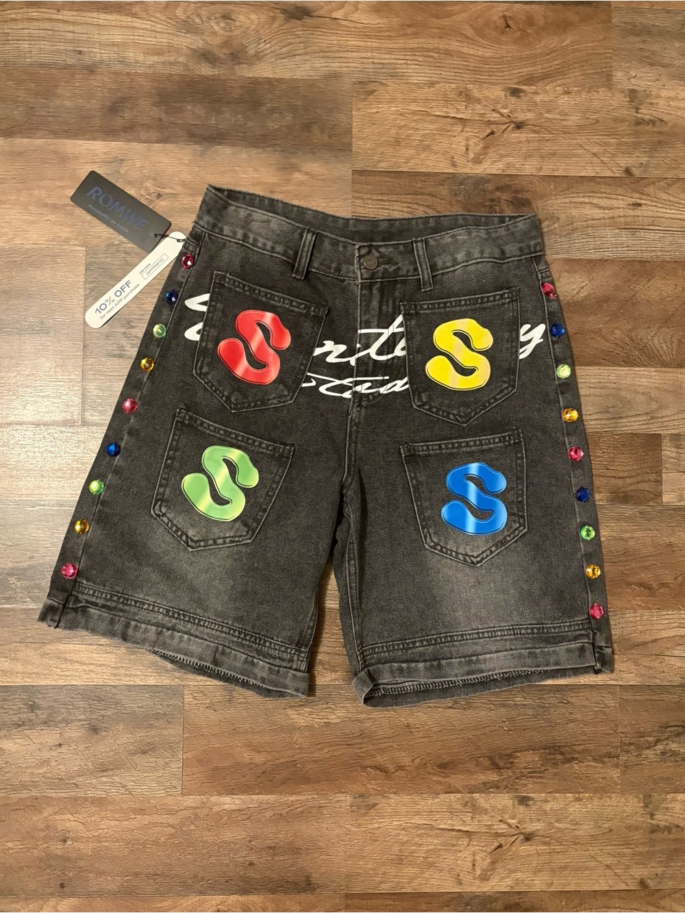 ROMWE Black Washed Denim Shorts with Multicolor Patch Accents
